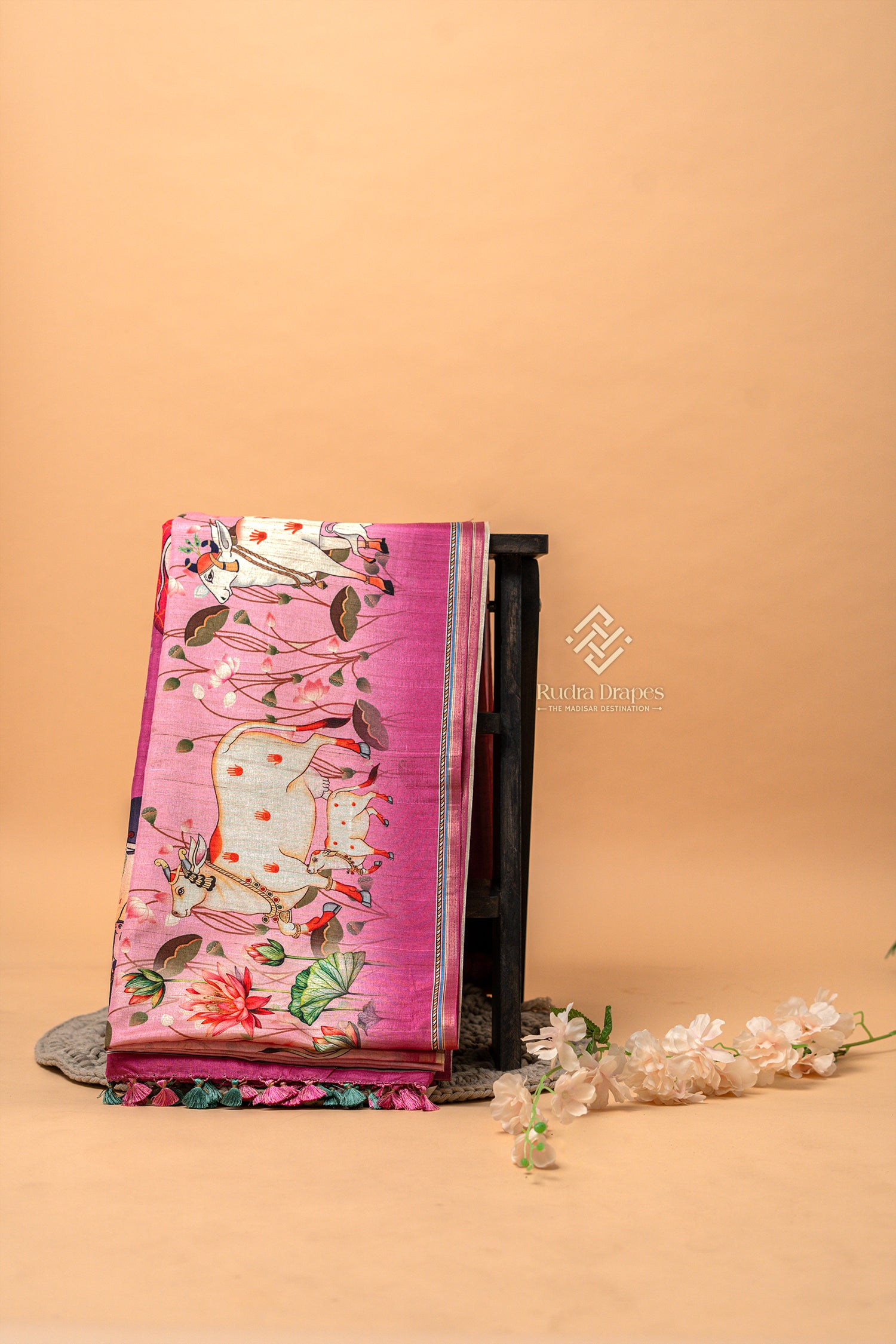Rose Pink Pichwai Print Malai Silk 10 Yards Madisar Saree