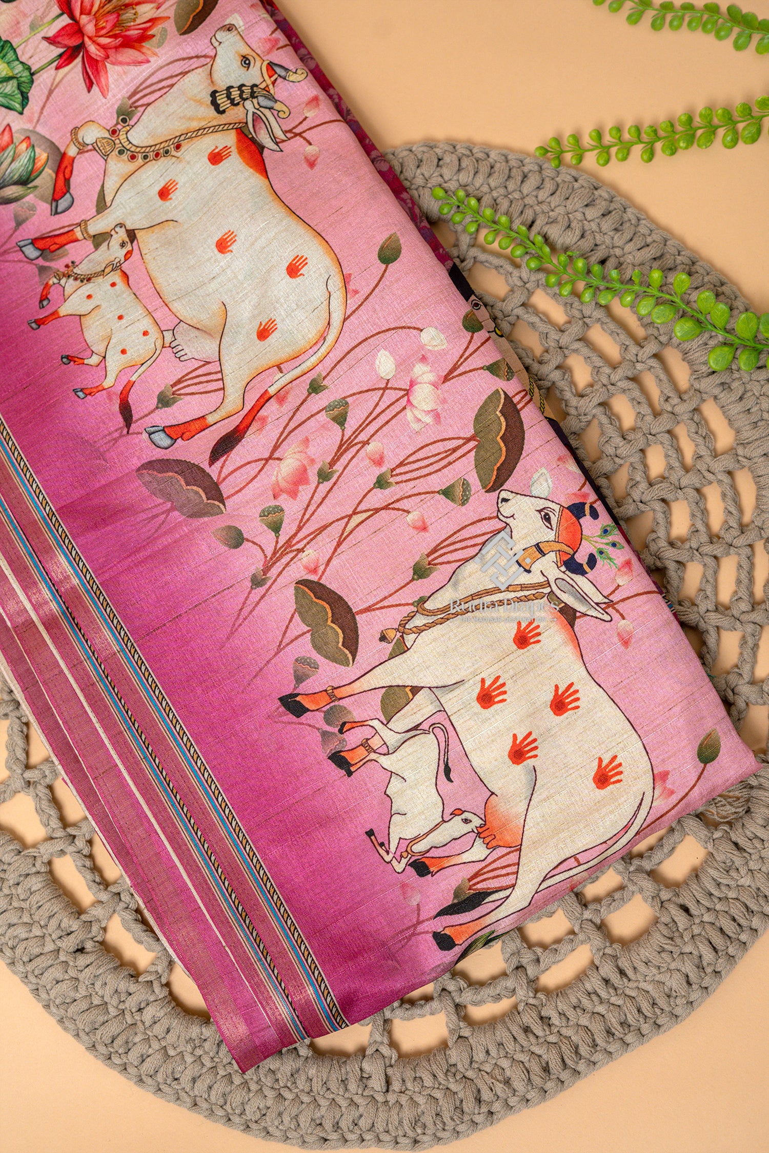 Rose Pink Pichwai Print Malai Silk 10 Yards Madisar Saree
