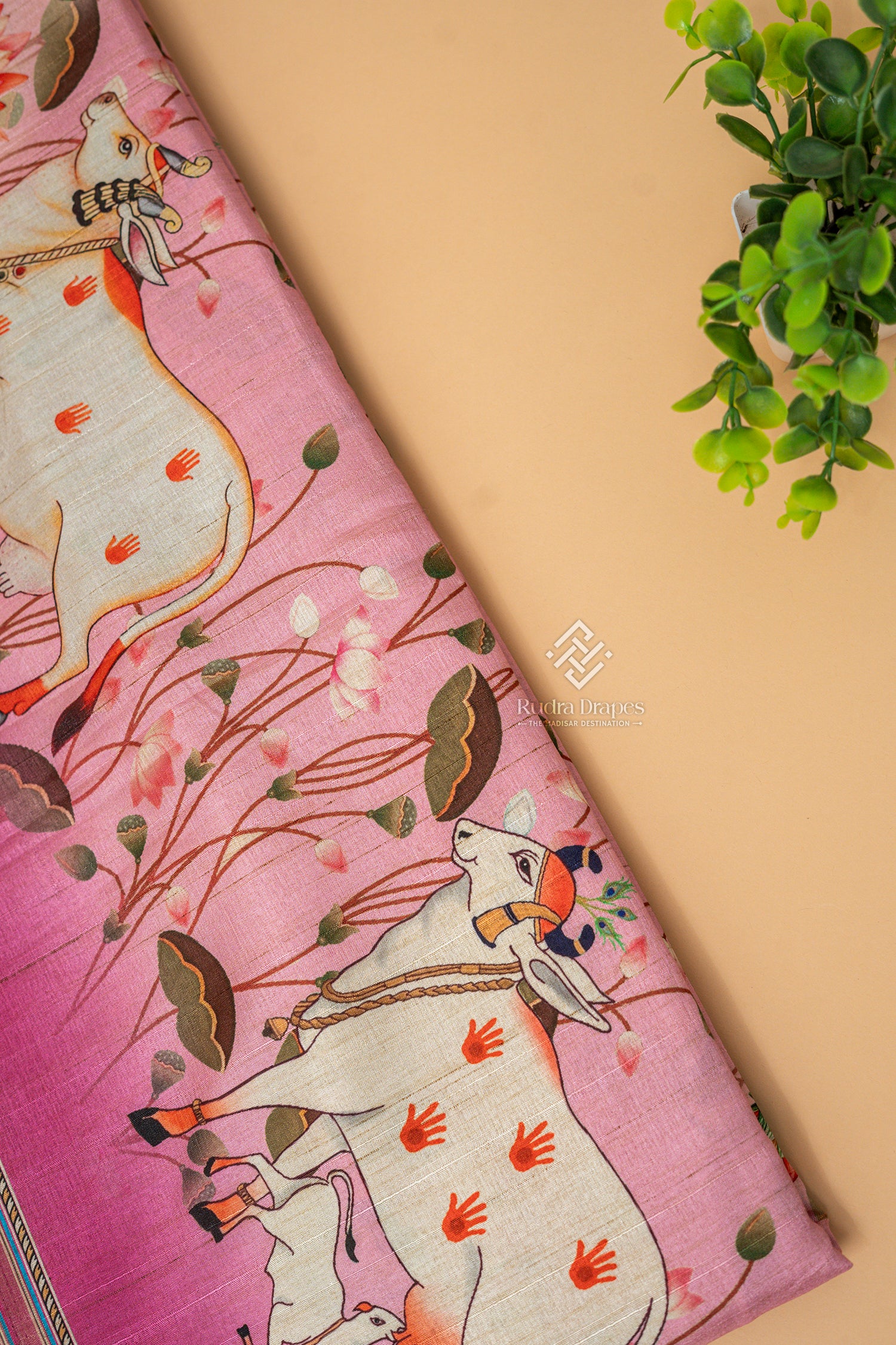 Rose Pink Pichwai Print Malai Silk 10 Yards Madisar Saree