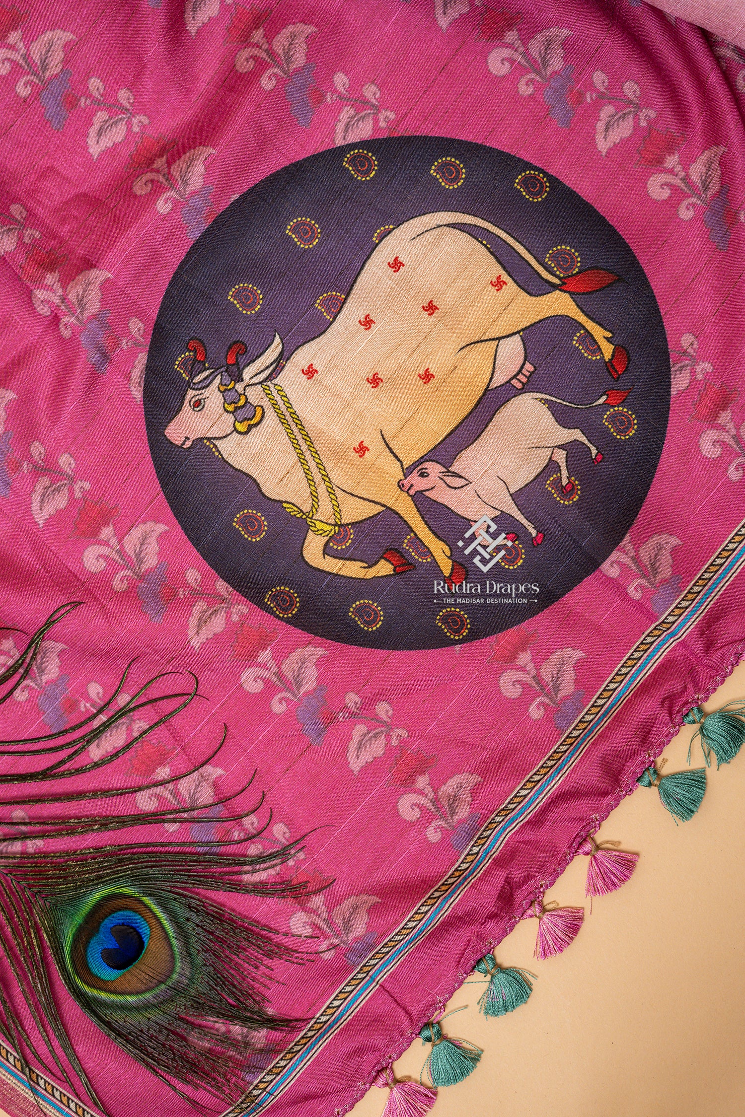 Rose Pink Pichwai Print Malai Silk 10 Yards Madisar Saree