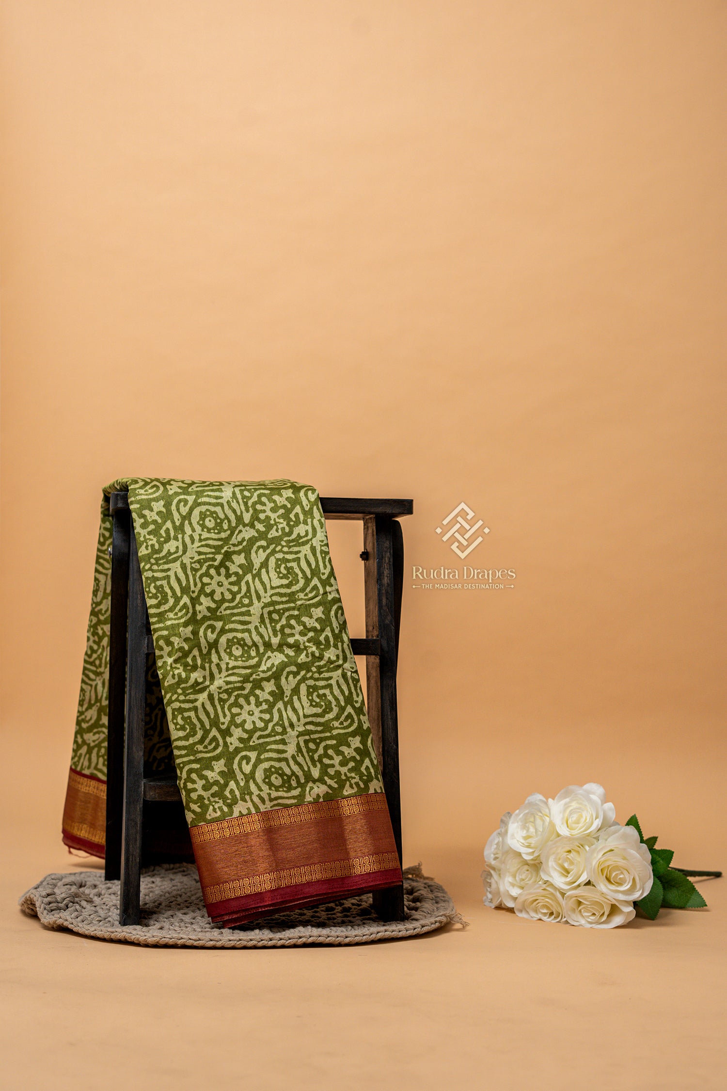 Olive Green Printed Tussar 10 Yards Madisar Saree