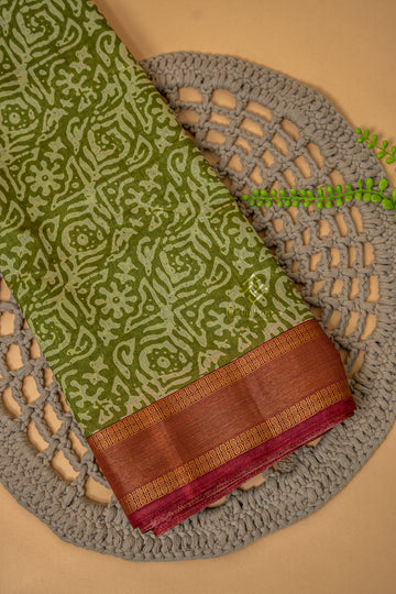 Olive Green Printed Tussar 10 Yards Madisar Saree