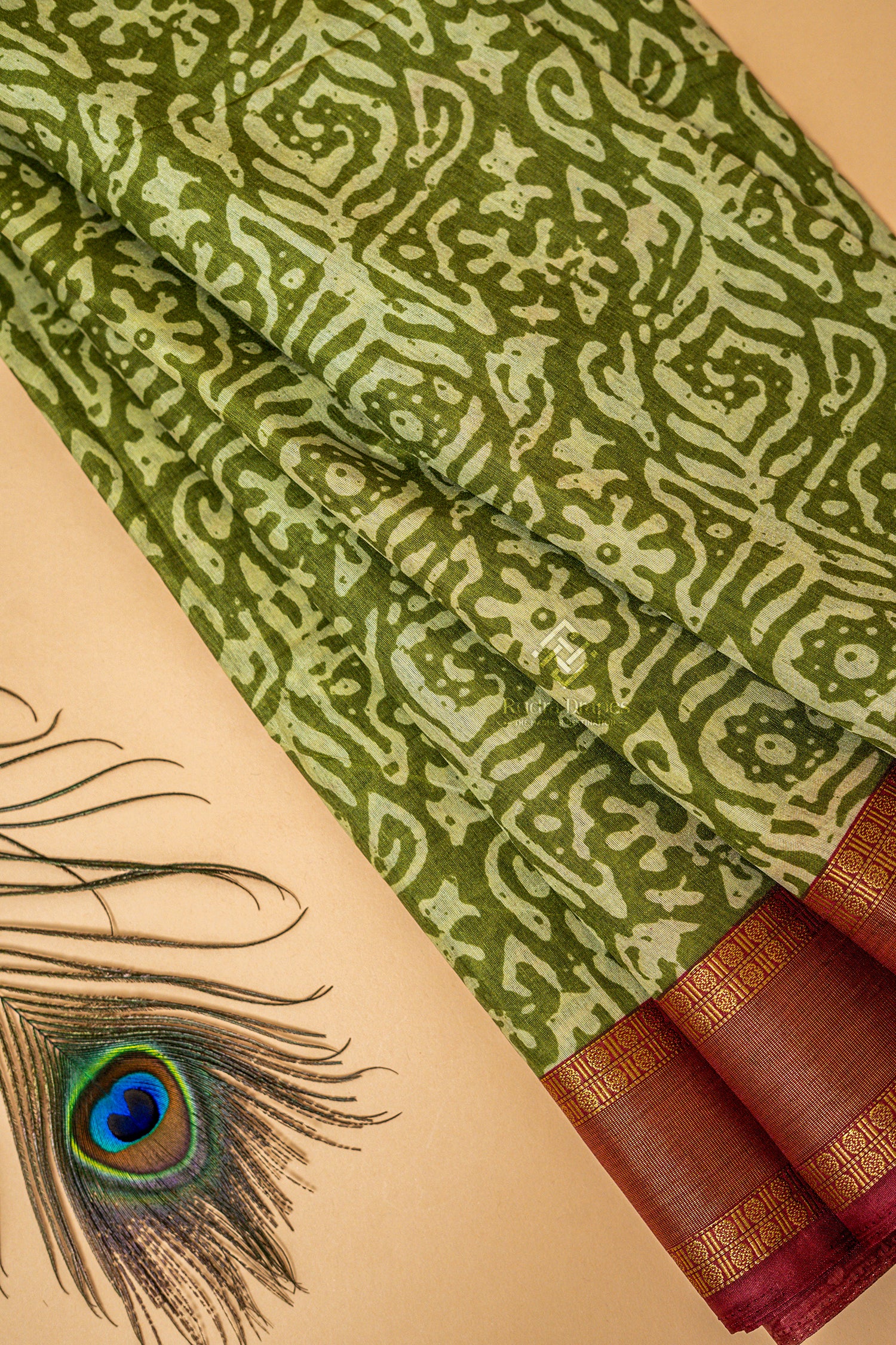 Olive Green Printed Tussar 10 Yards Madisar Saree