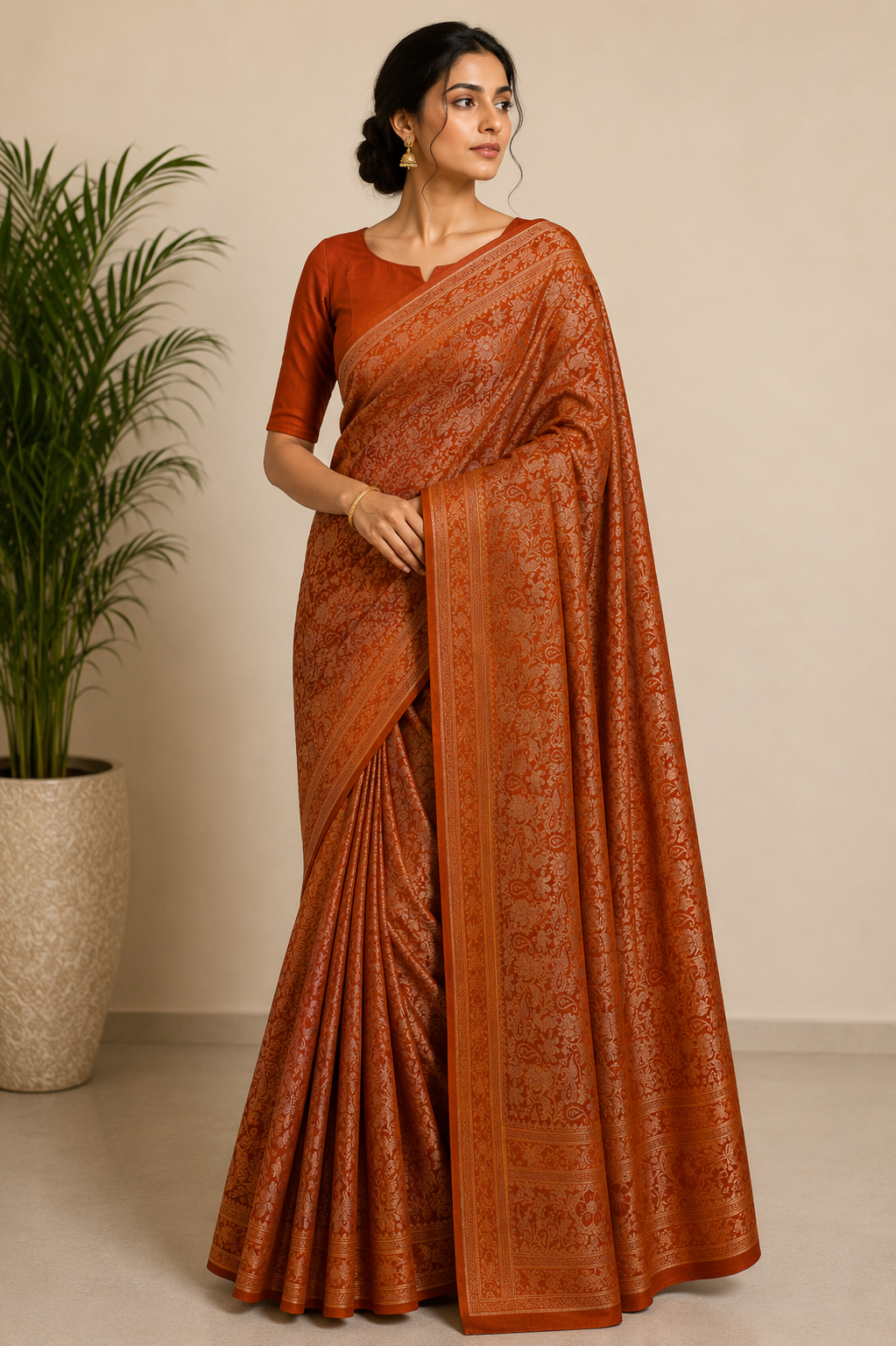 Rust Orange Katan Silk Jamewar Saree