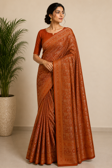 Rust Orange Katan Silk Jamewar Saree