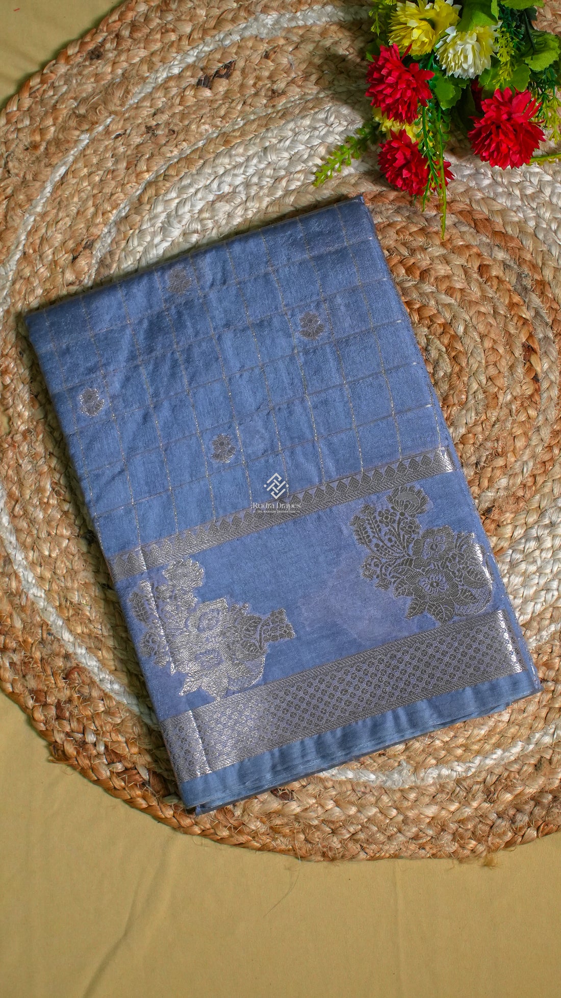 Dusty Blue Raw Mango Silk Saree