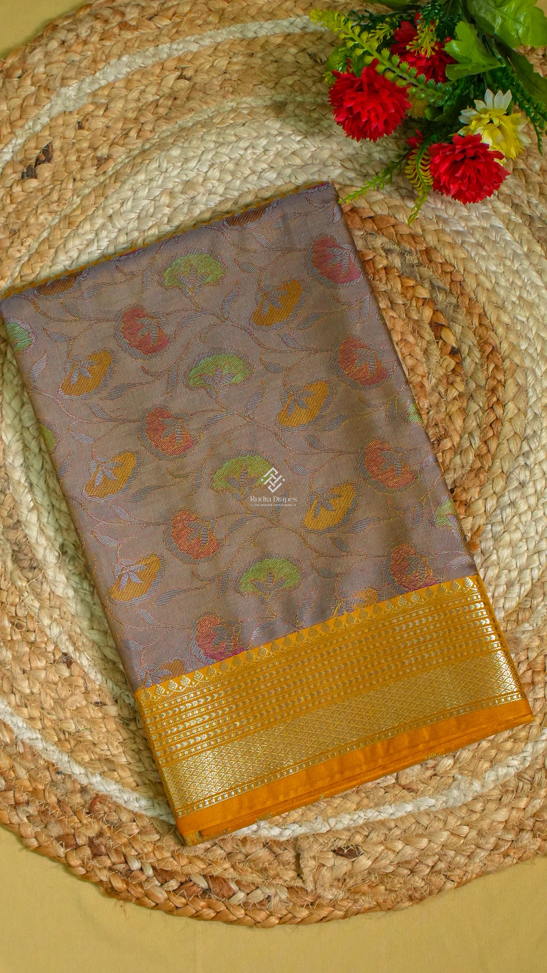 Mustard Yellow Roman Silk Saree