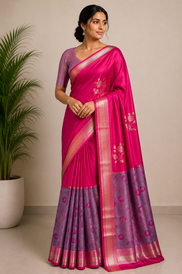 Hot Pink Roman Silk Saree