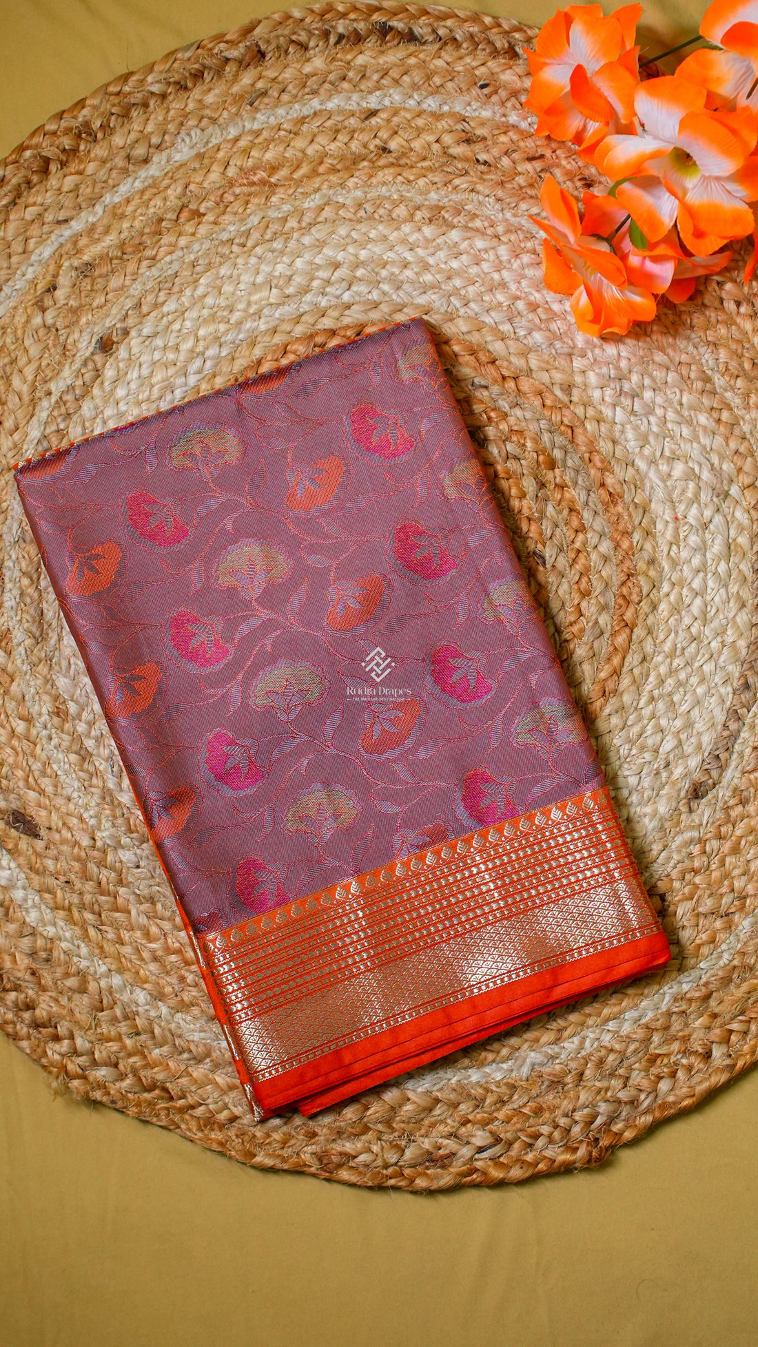 Vibrant Orange Roman Silk Saree