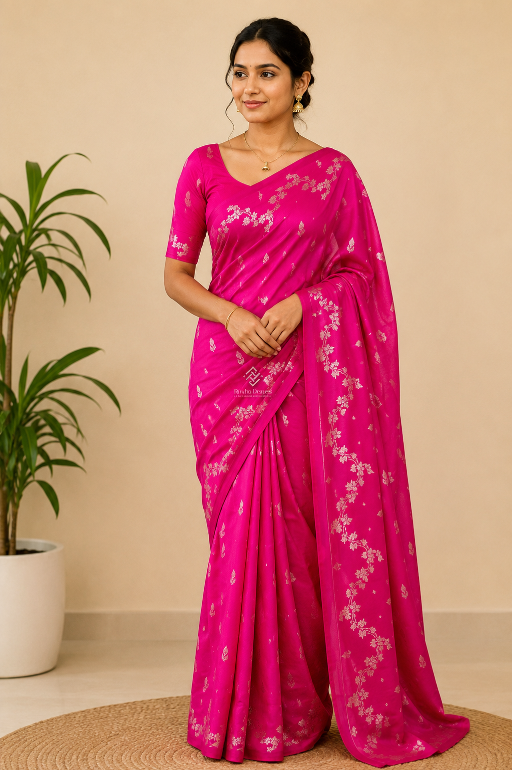 Hot Pink Russian Silk Saree