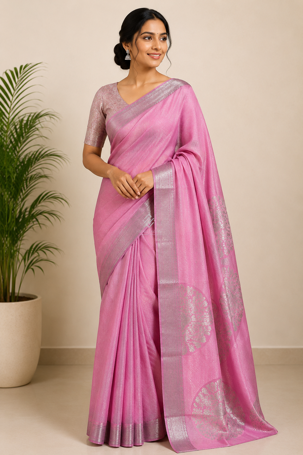 Pink Zari Kota Silk Saree