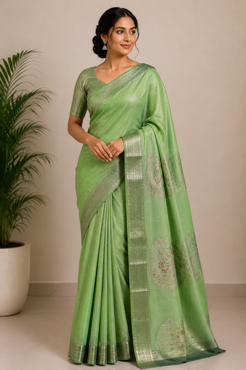 Mint Green Zari Kota Silk Saree