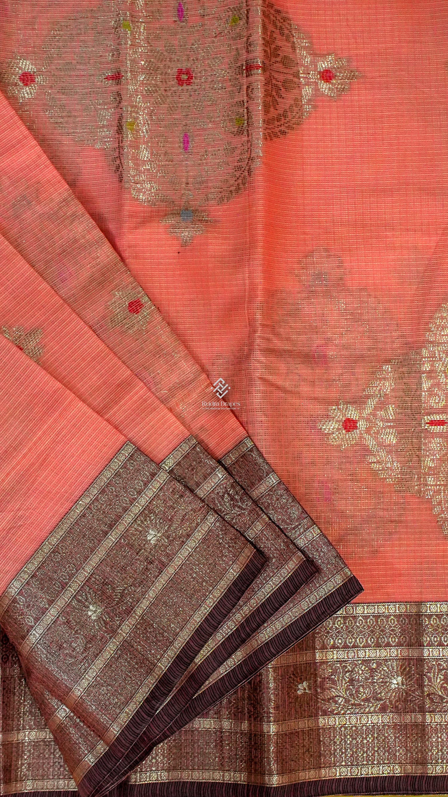 Peach Zari Kota Silk Saree