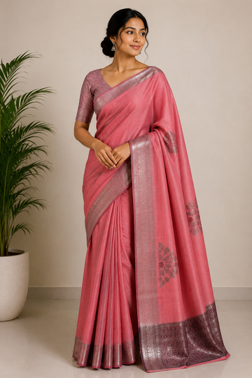 Peach Zari Kota Silk Saree
